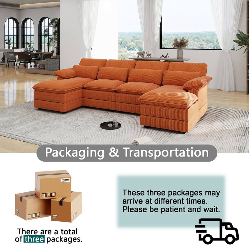 111.8" U-Shaped Cloud Sectional, 4-Seater Corduroy Upholstered Sectional with Recliner and Cushions