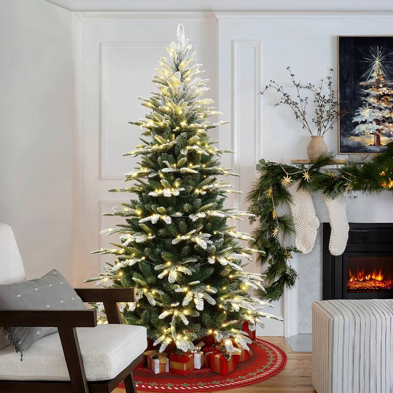 7Ft Pre-Lit Hinged Flocked Fraser Fir Slim Artificial Christmas Tree - 84" H x 52" Diameter