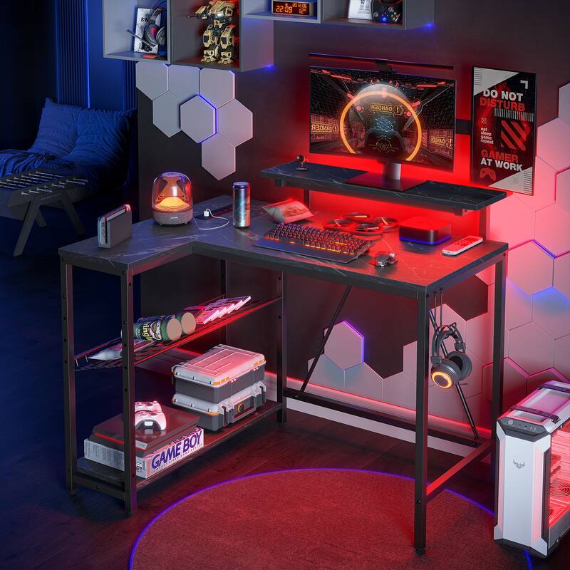 Bestier 42" Gaming Desk with Power Outlets, L-Shaped Desk with LED Lights and Reversible