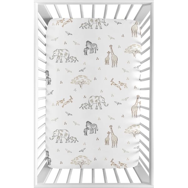 slide 2 of 6, Baby Fitted Mini Portable Crib Sheet Jungle Safari Animal Pack Play Taupe Black White Gender Neutral Elephant Wildlife Adventure