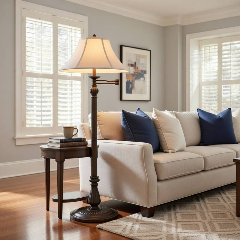 Swing Arm Metal Body Floor Lamp with Fabric Bell Shade, Bronze and Beige