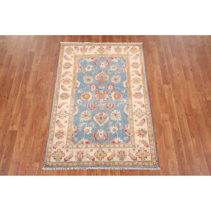 Blue Kazak Oriental Accent Rug Handmade Floral Wool Carpet - 3'3" x 4'11"