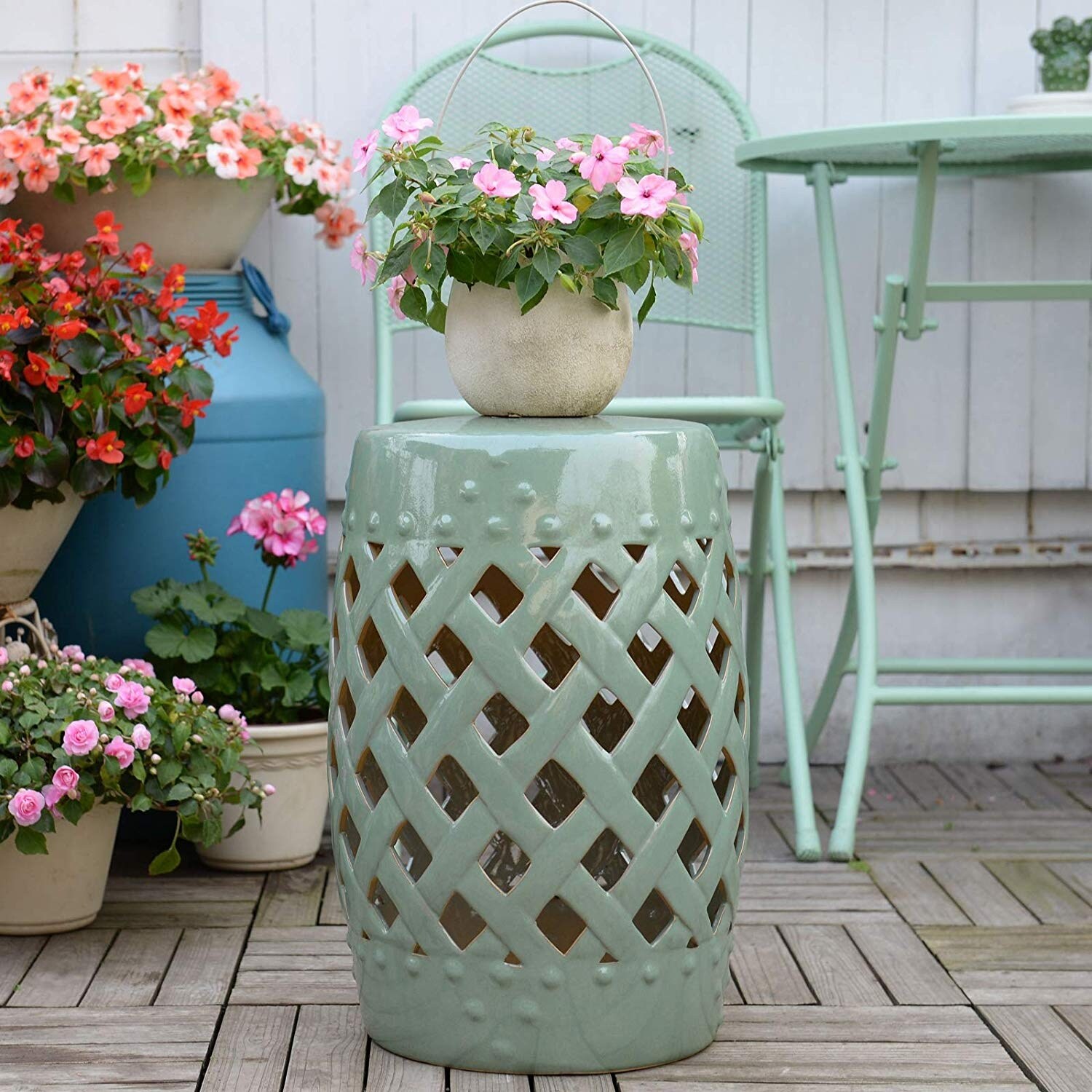 Outsunny 13" Heavy Duty Multi-Use Ceramic Garden Stool / Round Side Table / Foot Rest with Lattice Ring Design Green