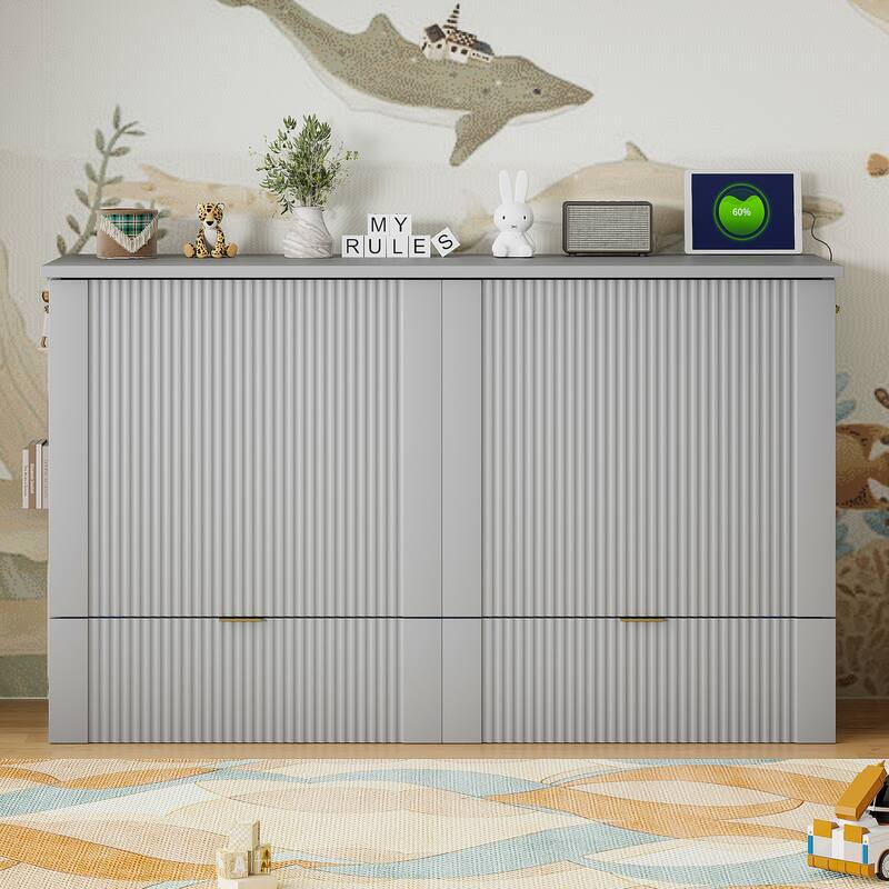 Queen Size Wall Bed with Drawer, USB Ports & Smooth Pulley Mechanism, Space-Saving Gray Cabinet Bed