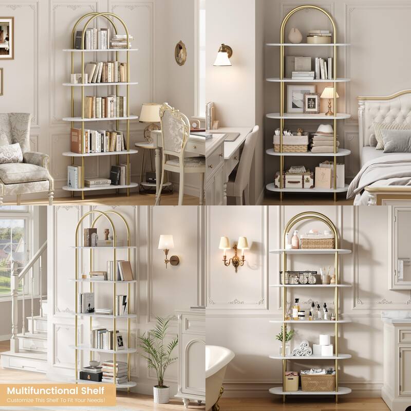 71" Bookshelf 5 Tier Bookcase Arched Display Racks Tall Bookshelf Freestanding Open Storage Shelf