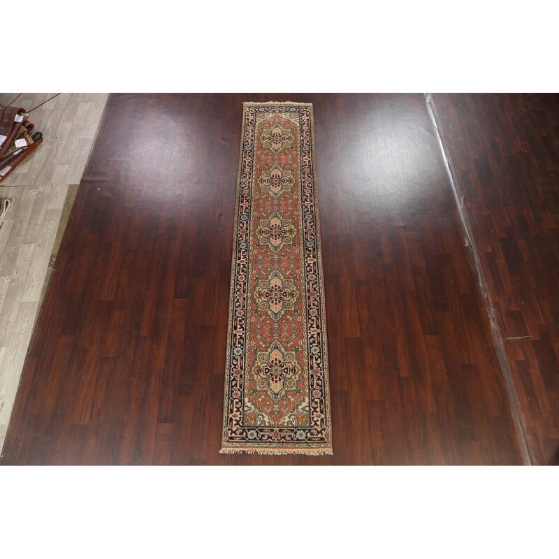 Hand Knotted Oriental 100% Wool Carpet Traditional Geometric Oranges & Rust Indo Heriz Serapi Runner Rug - 11' 11'' X 2' 7''