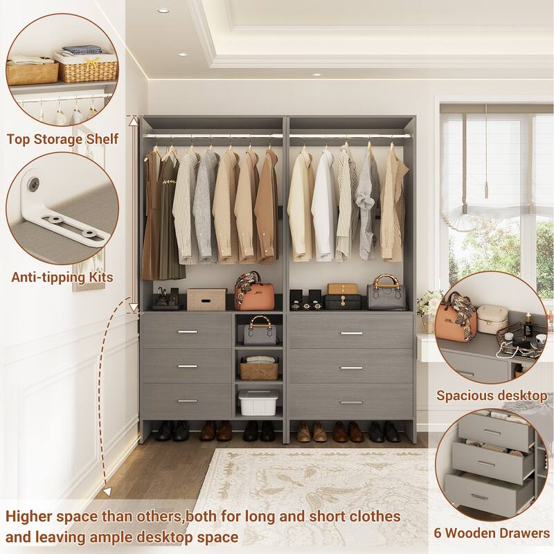 Cimly Set of 2 Closet Organizer with Drawers, Closet System with Hanging Rods and Storage Shelves