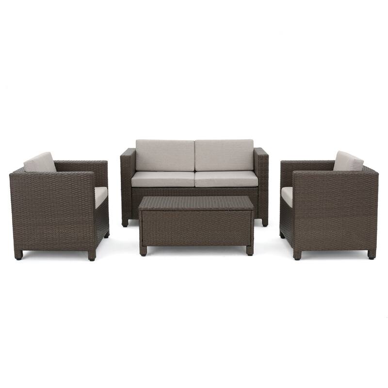 Perie 4 Piece Outdoor Sofa Chair and Table Set, Brown Rattan, White