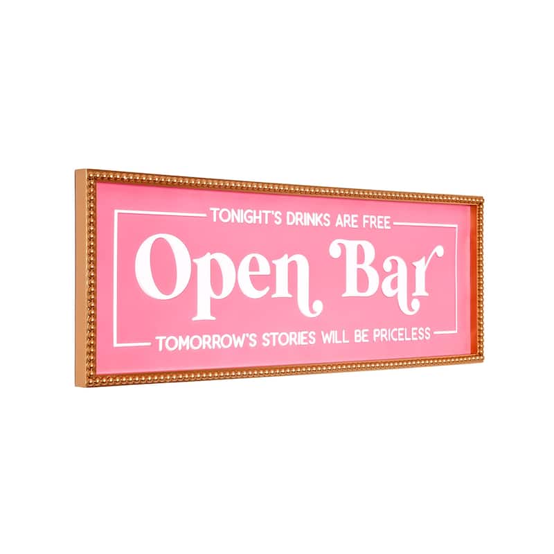 American Art Decor Tipsy Open Bar Framed Metal Embossed Sign - 28.25" x 10.5" - 10.5" x 28.25" x 1.12" - Pink