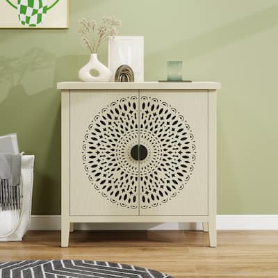 Roomfitters Hollow Carved 2 Door Accent Cabinet, Wood Sideboard Buffet Storage Cabinet with Adjustable Shelf, Natural