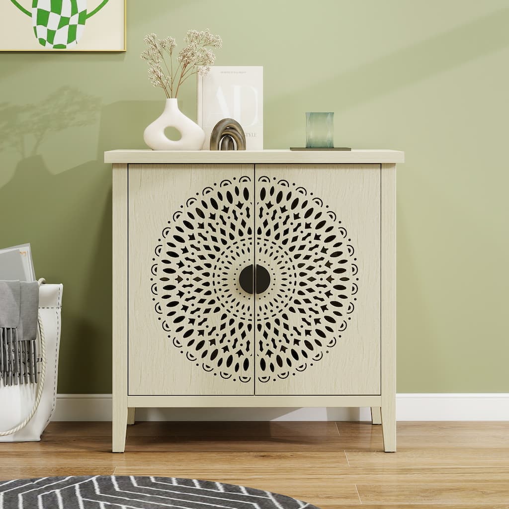 Roomfitters Hollow Carved 2 Door Accent Cabinet, Wood Sideboard Buffet Storage Cabinet with Adjustable Shelf, Natural