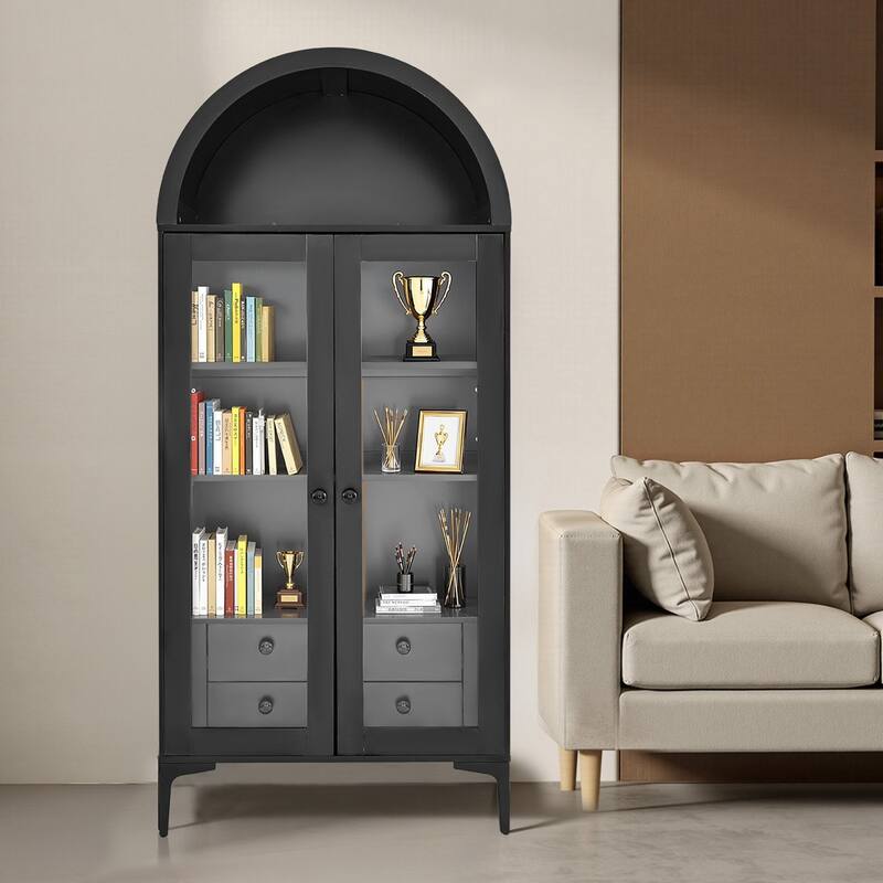 Black Tall MDF Display Cabinet with Adjustable Storage Shelves and Glass Doors for Living Room - 31.50” × 15.75” × 70.47”