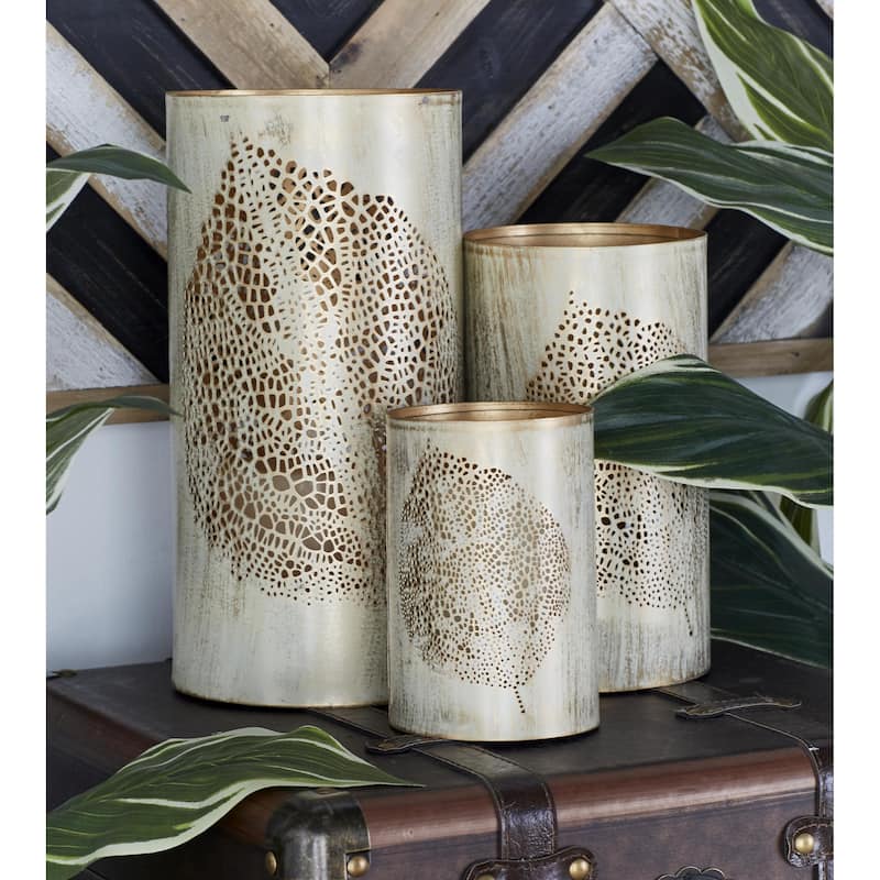 Metal Leaf Decorative Indoor Outdoor Candle Lantern with Gold Interior - Set of 3 Gold or Copper - Roche River Decor