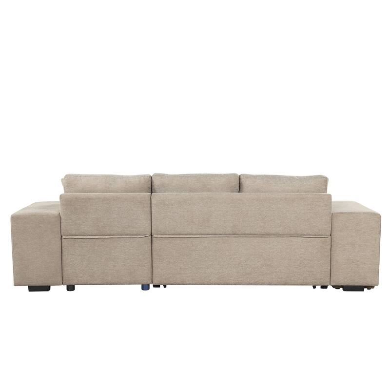 Convertible Sleeper Sectional Sofa, Reversible Sofa with Pull-Out Bed, Storage Chaise & 2 Stools, Linen Upholstered 4 Seat Sofa