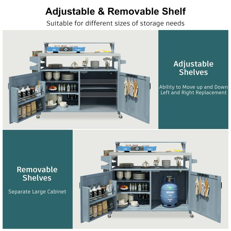 53" Outdoor Kitchen Island with Stainless Steel Top, Raised Shelf, Solid Wood Grill Cart with Storage Cabinet