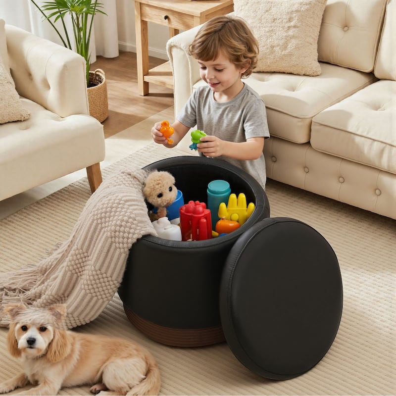 Round Swivel Storage Ottoman Footstool with Flip-top and Acacia Frame