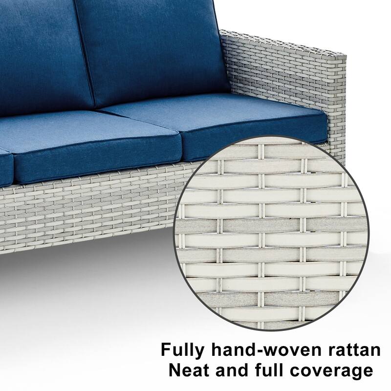 3 Pieces Outdoor Wicker Sofa with Ottomans Light Grey - Blue - Light Grey