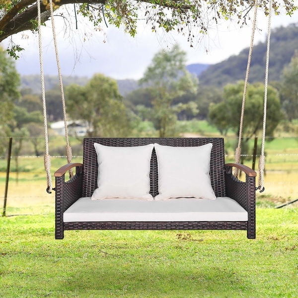 Costway Patio Rattan Porch Swing 2 Person Hanging Chair Cushioned See Details On Sale Bed Bath Beyond 38415396