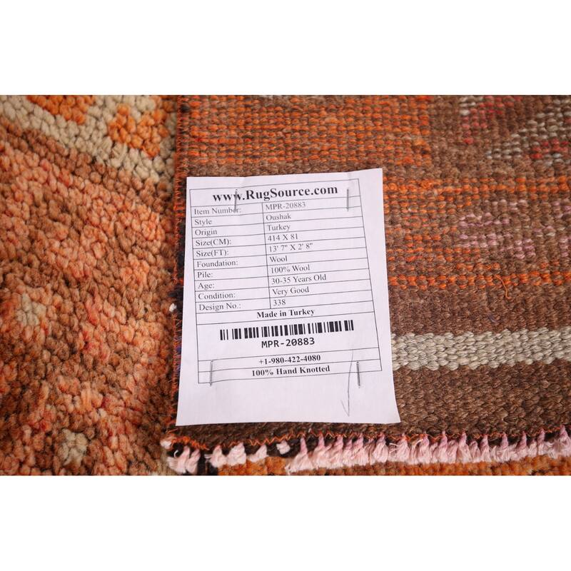 Oushak Turkish Vintage Runner Rug Hand-Knotted Geometric Wool Carpet - 2'8"x 13'7"