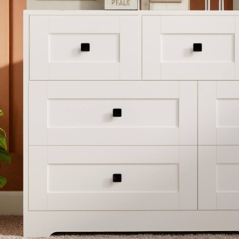 White 7 Drawer Dresser, Modern Chest of Drawers with Farmhouse Barn Door Style, Storage Cabinet for Bedroom and Entryway