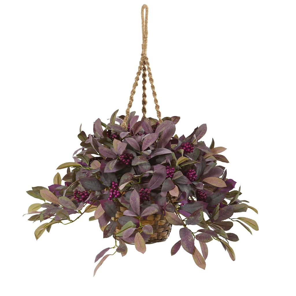 Fall Laurel Artificial Plant 28" - Autumn Hanging Basket Decor, Realistic Foliage, Indoor Seasonal Display - Purple