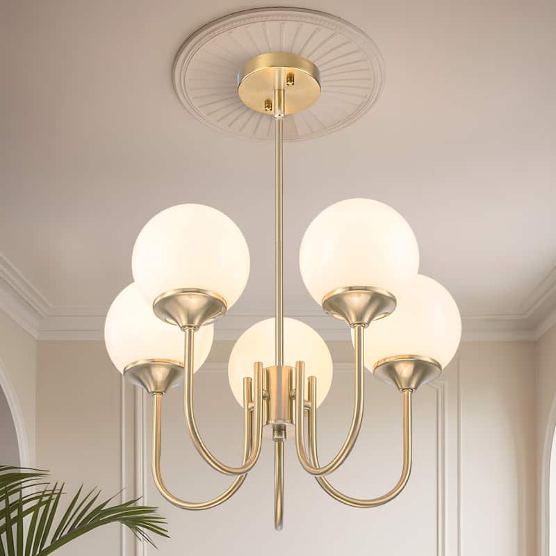 5 Light Gold Globe White Milk Glass Chandelier - 19.6 inch
