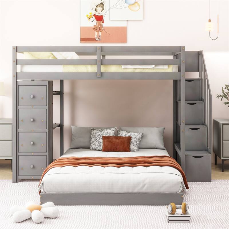 Merax Twin Over Full Bunk Bed with 3-layer Shelves, Drawers and Storage Stairs