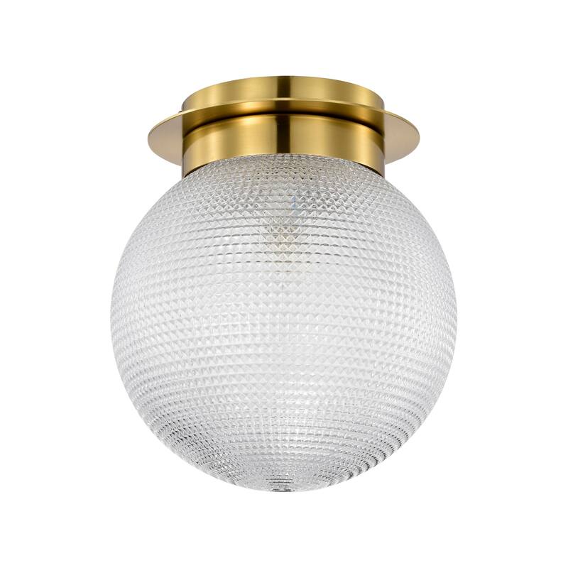 Gruste Brass Flushmount Ceiling Lamp with Pyramidical Patterned Glass Globe Shade