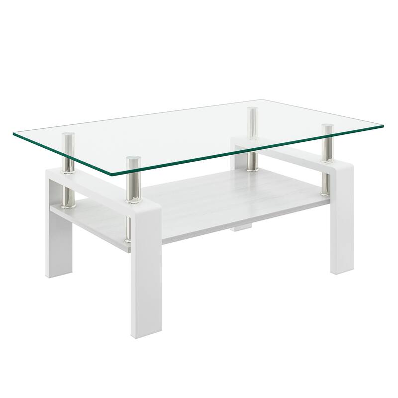 Rectangle Coffee Table, Tempered Glass Tabletop with MDF Layer, Modern Table for Living Room