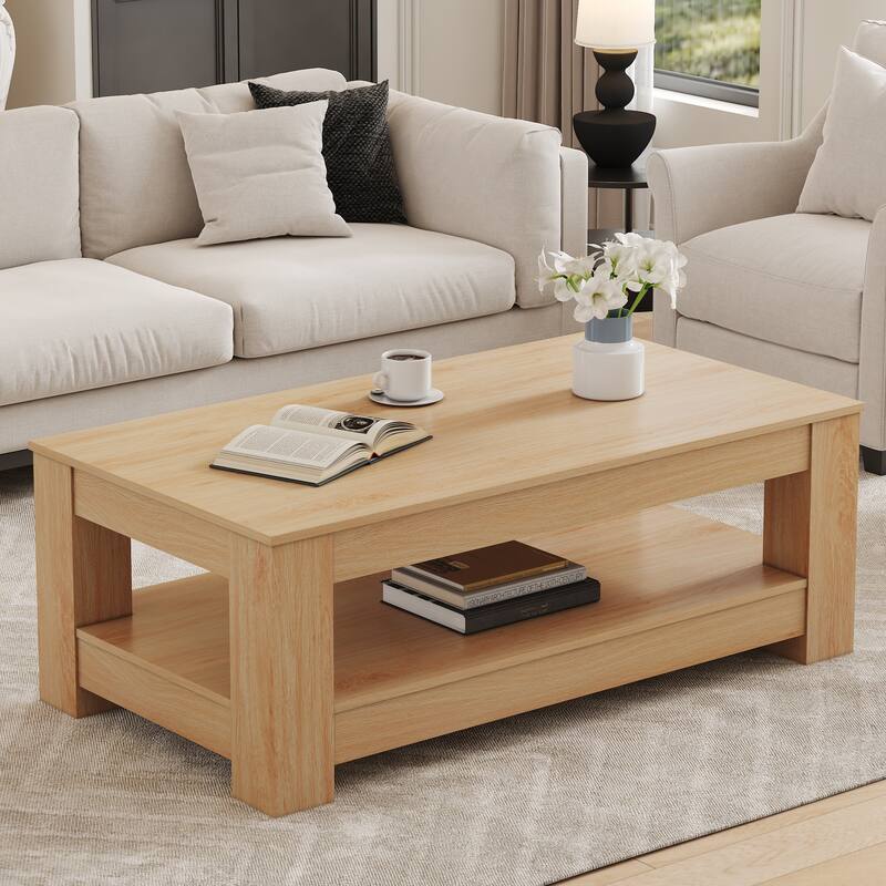 A modern and practical coffee table. The double layered coffee table is made of MDF material - Natural Wood