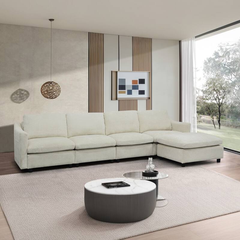 4-Seater Modern Beige Fabric Modular Sofa with Ottoman, Armrest Pockets and 4 Pillows - Multi-Color