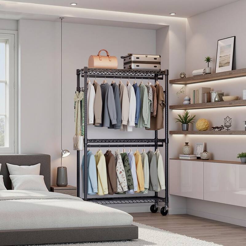 Heavy Duty Garment Rack on Wheels, Rolling Freestanding Closet Organizer and Clothes Rack with Adjustable Metal Wardrobe