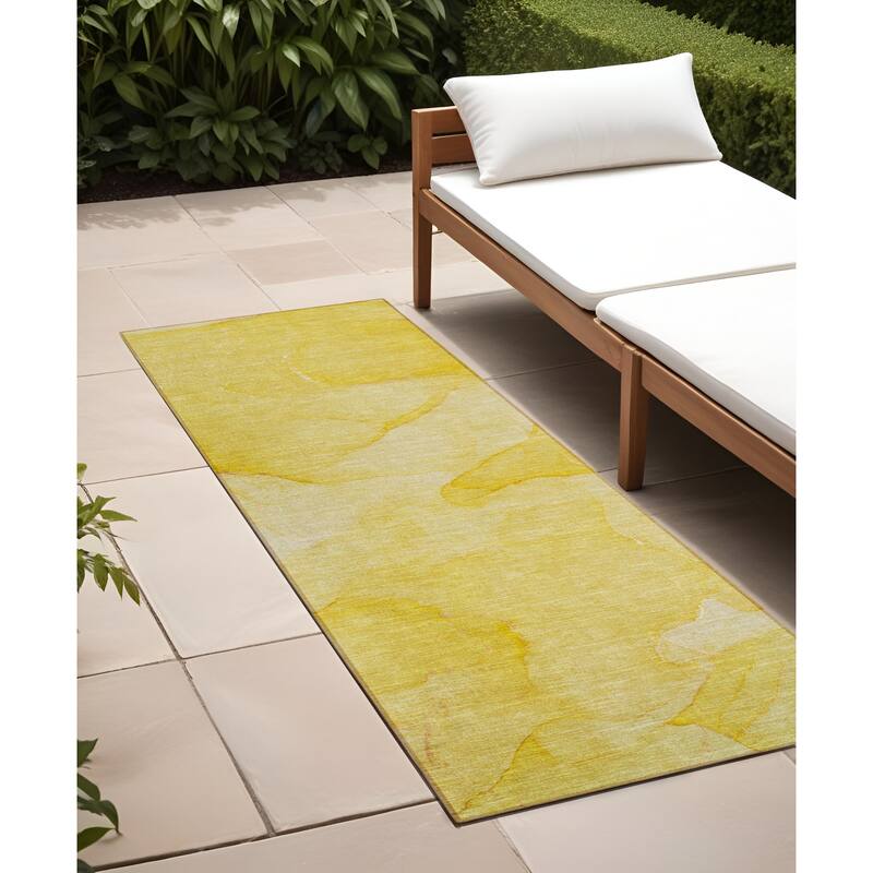 Dax Modern Art-Inspired Weather Resistant Blended Style Outdoor Rug - 2' X 8' - Gold
