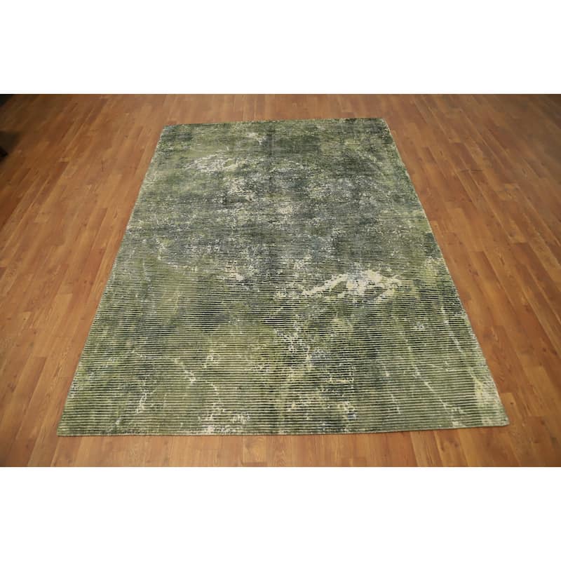 Hand Knotted Oriental Viscose Silk Carpet Modern Abstract Green Abstract Area Rug - 7' 7'' X 5' 4''