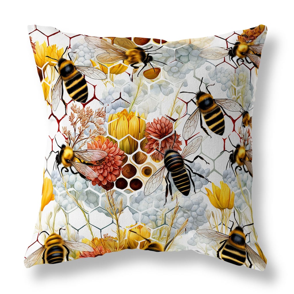 Yellow And Pink Buzzing Bees Indoor/Outdoor Throw Pillow Zipper