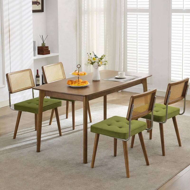 Mid-Century Modern Upholstered Dining Chair with Checkered Hollow Rattan Backrest and Padded Cushion