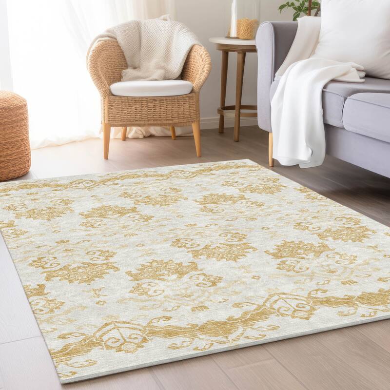 Machine Washable Indoor/ Outdoor Chantille Damask Medallion Rug