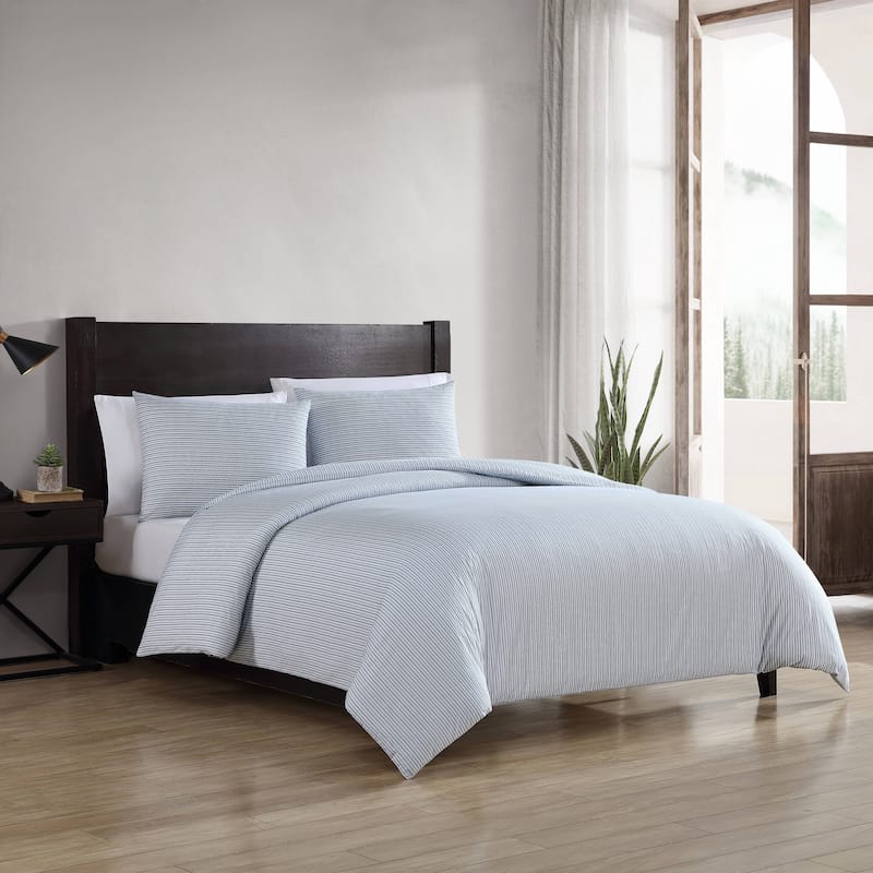 Eddie Bauer Ticking Stripe Navy Cotton Percale Duvet Cover Set