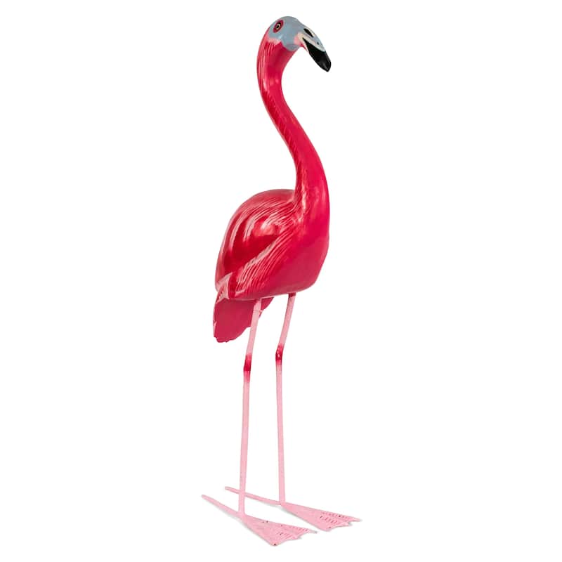 Wood Flamingo Figurine Hand Carved Tropical Bird Sculpture, Coastal Summer Decor - 12" tall x 5" wide x 2.5" deep