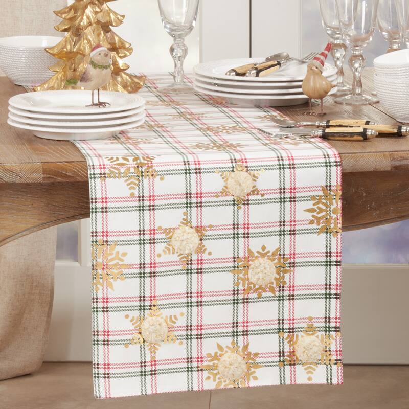Plaid Table Runner With Snowflake Design - 16"x72"