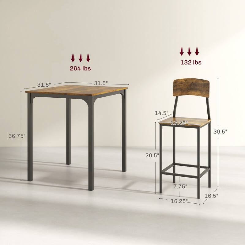 3 Piece Counter Height Bar Table and Chairs Set Industrial Small Dining Table Square Kitchen Table and Stools with Steel Frame