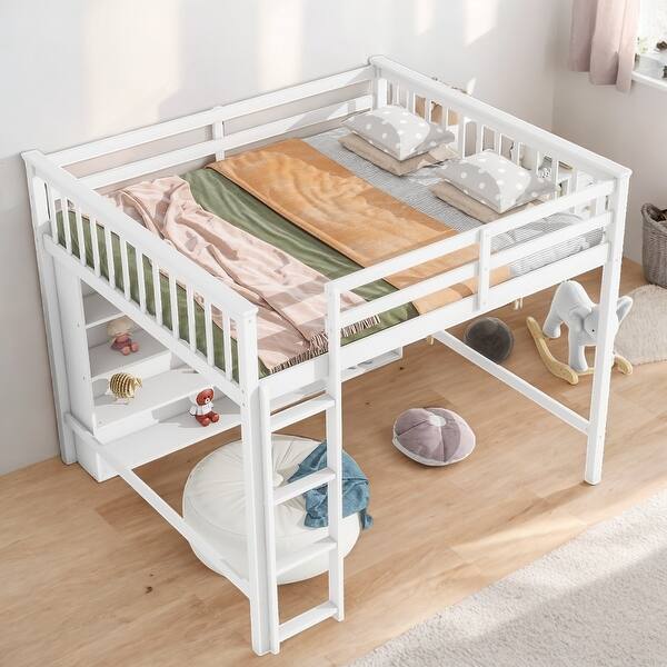 slide 2 of 11, Full Loft Kids Bed with 8-Open Storage Shelves and Built-in Ladder, Space-Saving Design for Bedroom, Easy to Assemble, White White