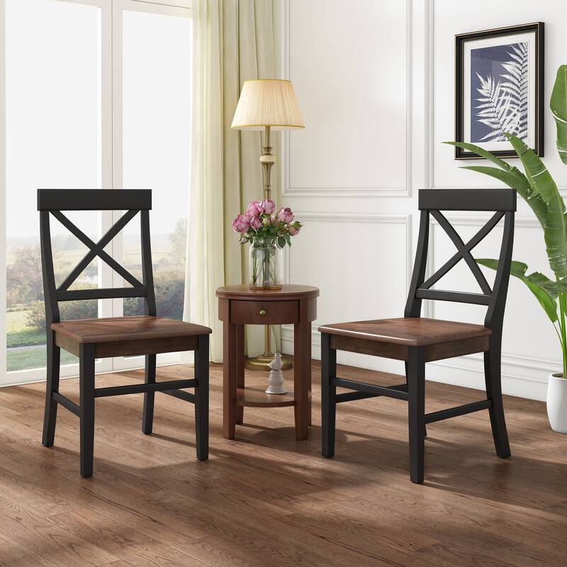 Country Set of 2 Dining Chairs with X-shaped Back, Solid Wood Frame for Dining Room Living Room Balcony and Patio - Tan