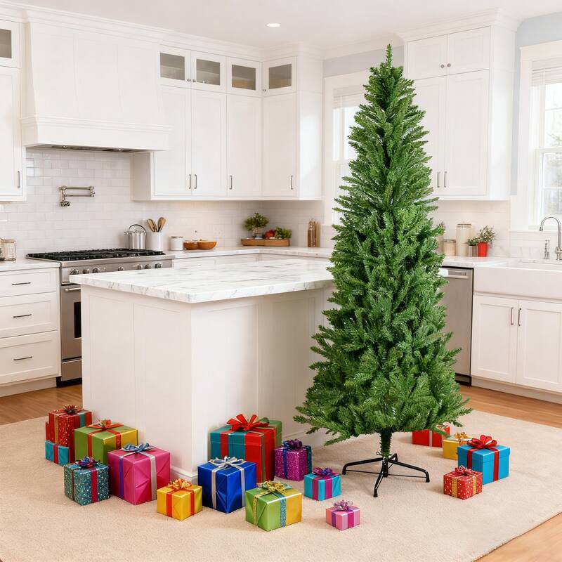 Classic Pencil Christmas Tree - Slim Shape, Dense Realistic Branches, Halloween/Christmas - Green