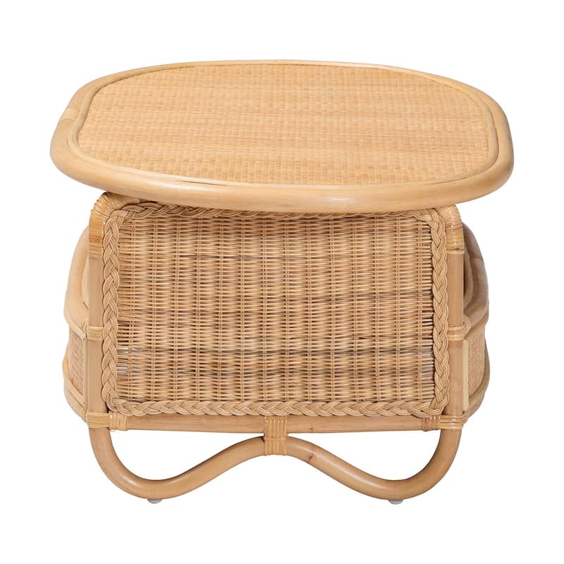 Dyna Natural Rattan Coffee Table with Open Shelf - Handwoven Wicker Accent Table with Oval Tabletop and Braided Weavings