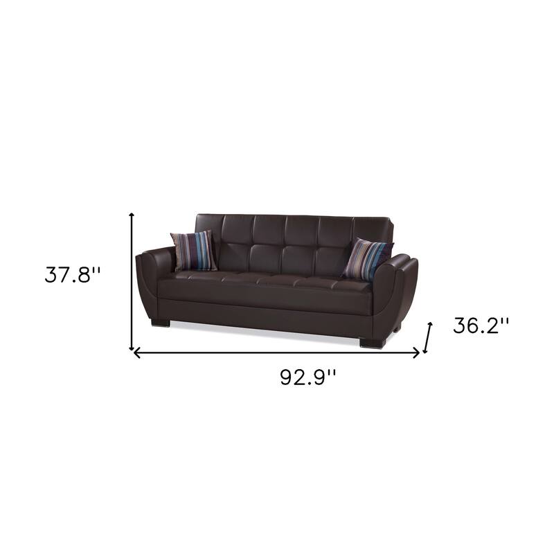 HomeRoots 93" Brown Faux Leather Convertible Futon Sleeper Sofa And Toss Pillows With Storage