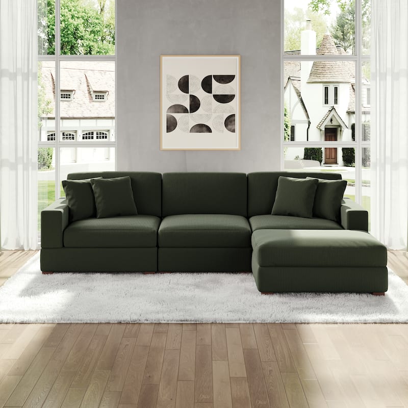 Modular Corduroy Sectional Sofa Set Chaise Couch with Ottoman - Green-4 Piece