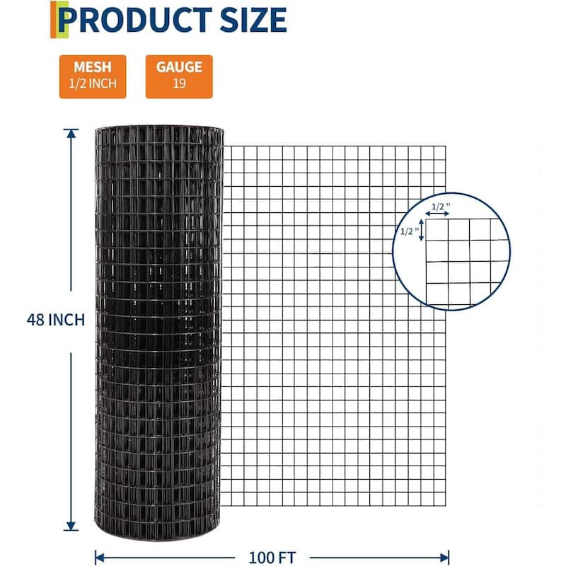 48in x 100ft 19 Gauge Galvanized Hardware Cloth, Garden Netting for Chicken Wire Fencing Roll, Black - 48in x 100ft