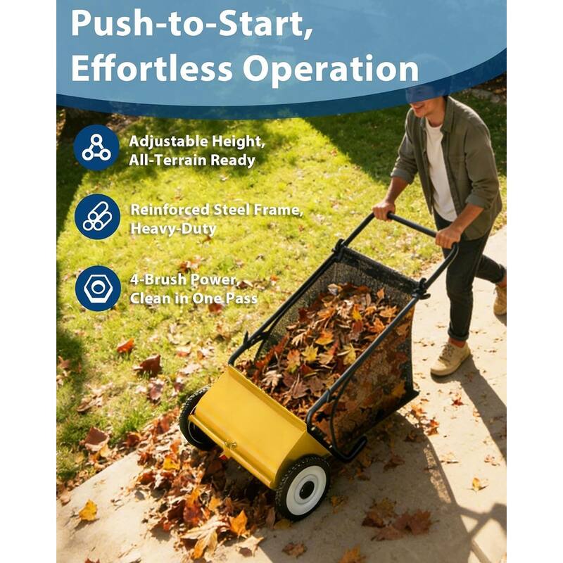 21-Inch Push Lawn Sweeper 35 cu. ft. Capacity Adjustable Height for Grass Leaves and Debris