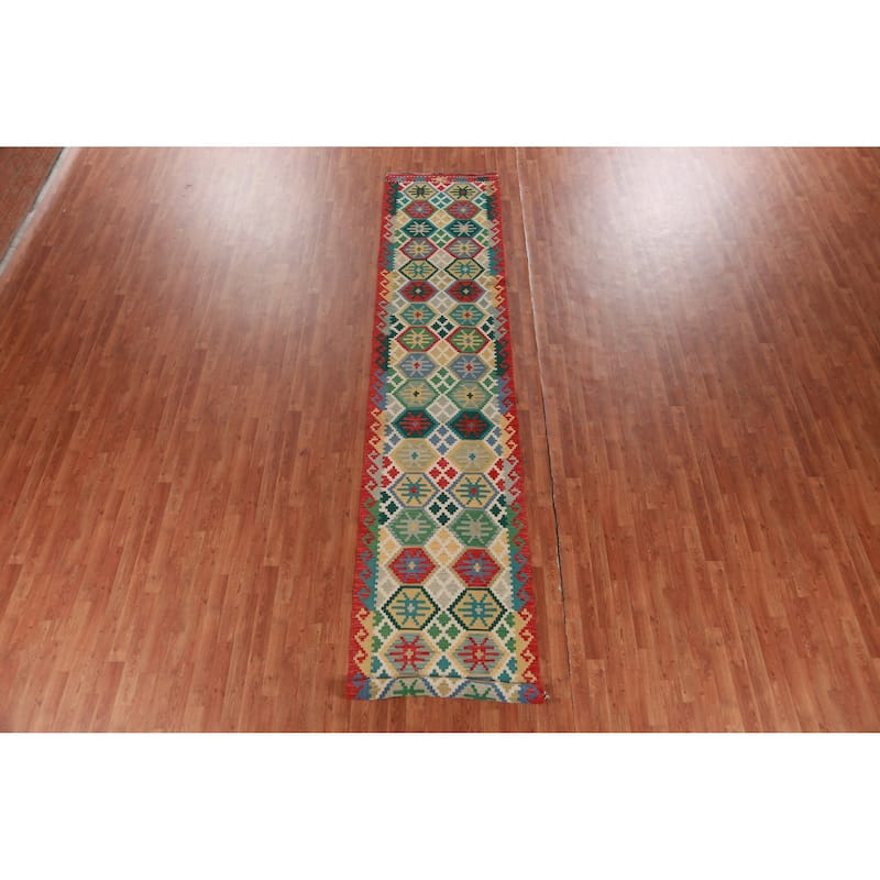 Hand Woven Oriental 100% Wool Carpet Southwestern All-Over Multi-Colored Kilim Runner Rug - 15' 11'' X 2' 10''